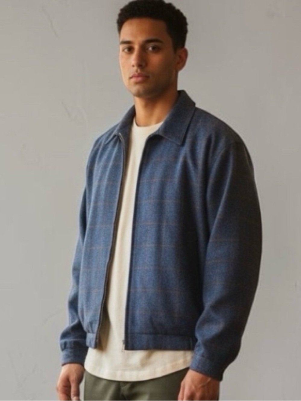 Vintage 90s Majer Harrington Wool Bomber Jacket Sz M Blue Plaid Full Zip USA
